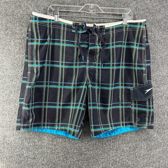 Speedo Swim Trunks Mens Large Black Blue Plaid Comfort Drawstring Lined - Picture 2 of 10
